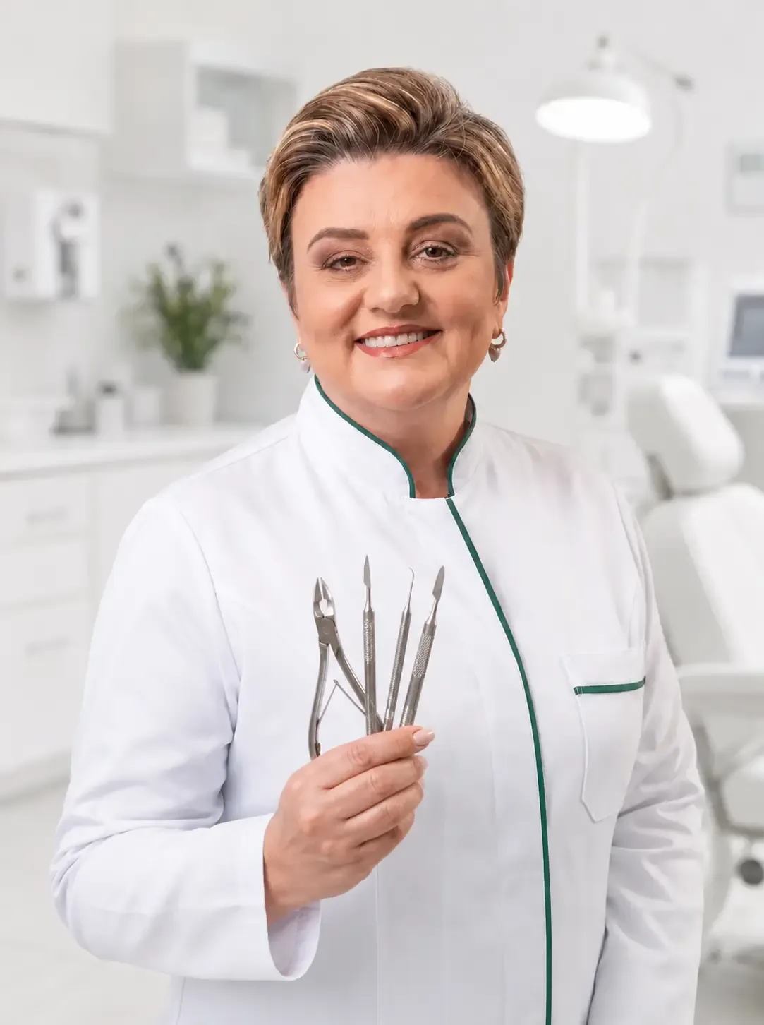 Podóloga Iza Pinz em Joinville, Santa Catarina, segurando instrumentos de tratamento para os pés